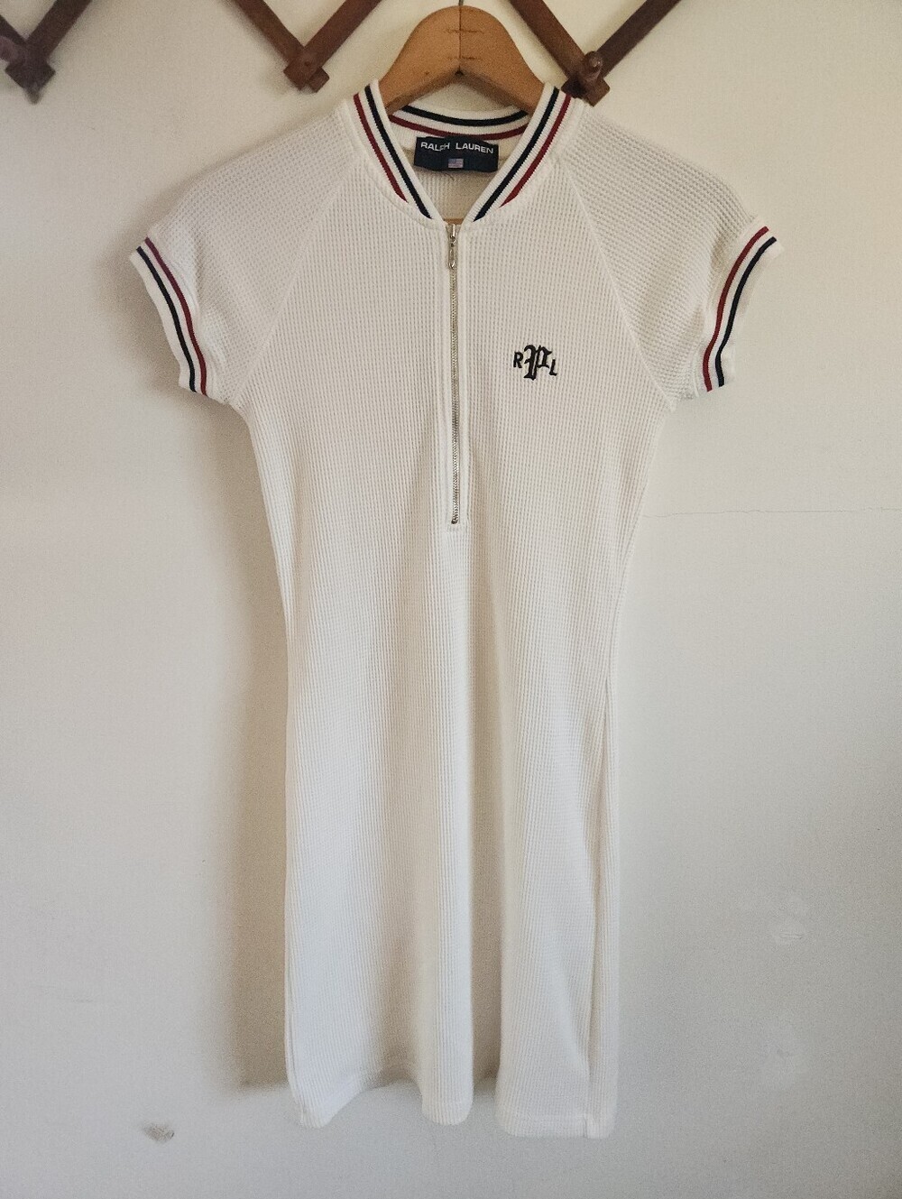 Vintage Ralph Lauren White Knit Polo Zip-Front Mini Dress Navy Red Small